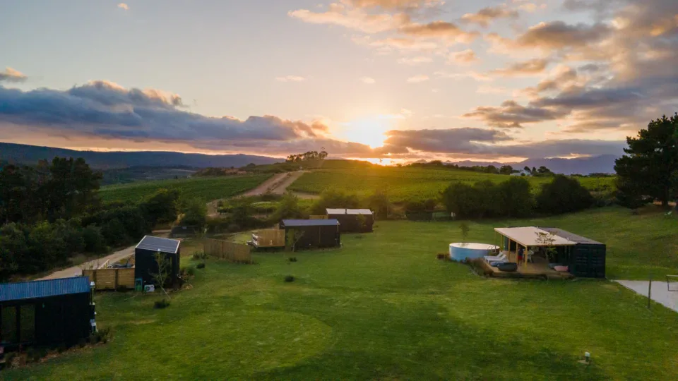 Weddings & Events (new) Sunset over the Klein Paradys tiny homes and hills, Old Mac Daddy, Elgin Valley