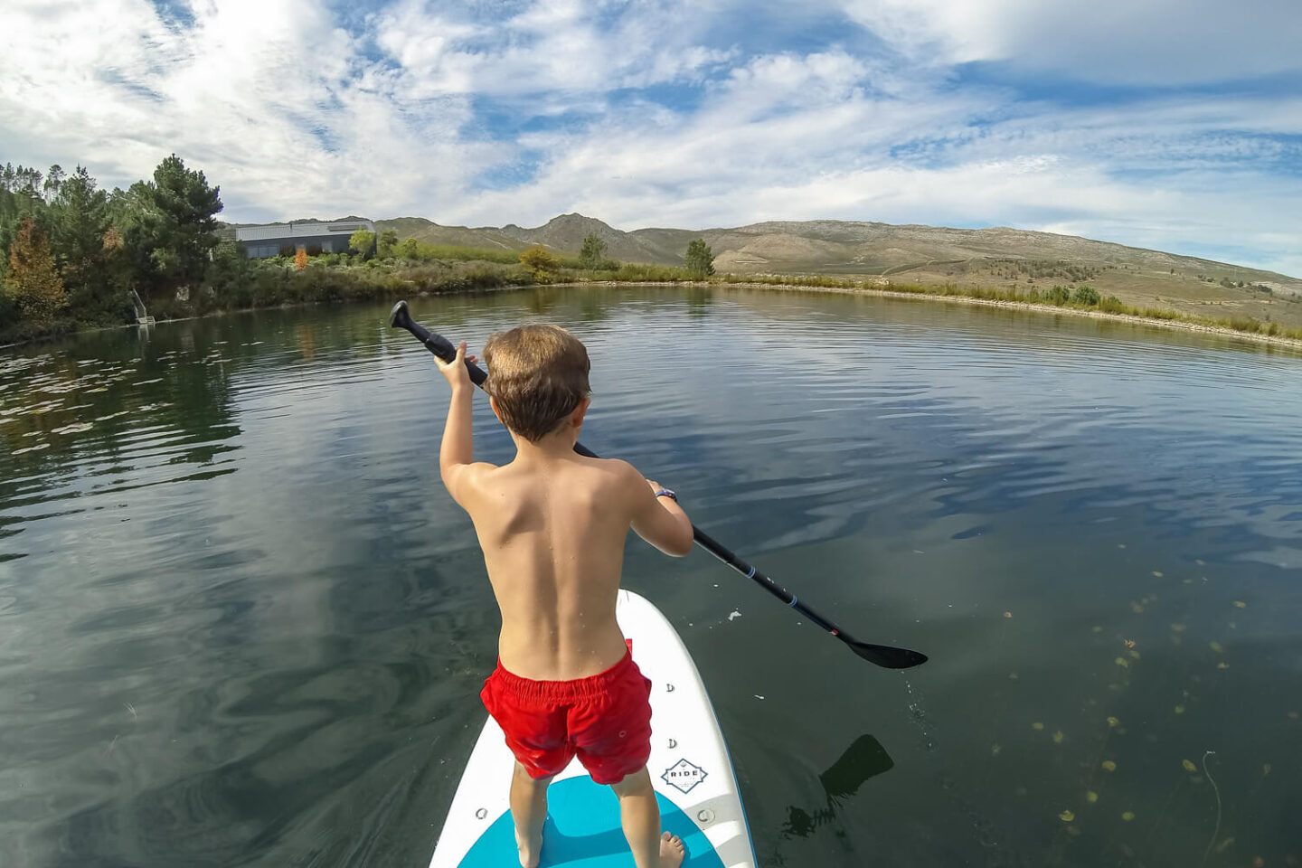 Activities A boy paddling a stand-up paddle board on the lake, Old Mac Daddy, Elgin Valley