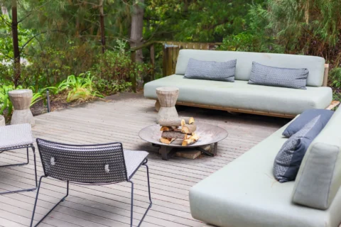 Apple Grove: outdoor lounge with sofas and chairs around a fire bowl on the deck, Old Mac Daddy, Elgin Valley