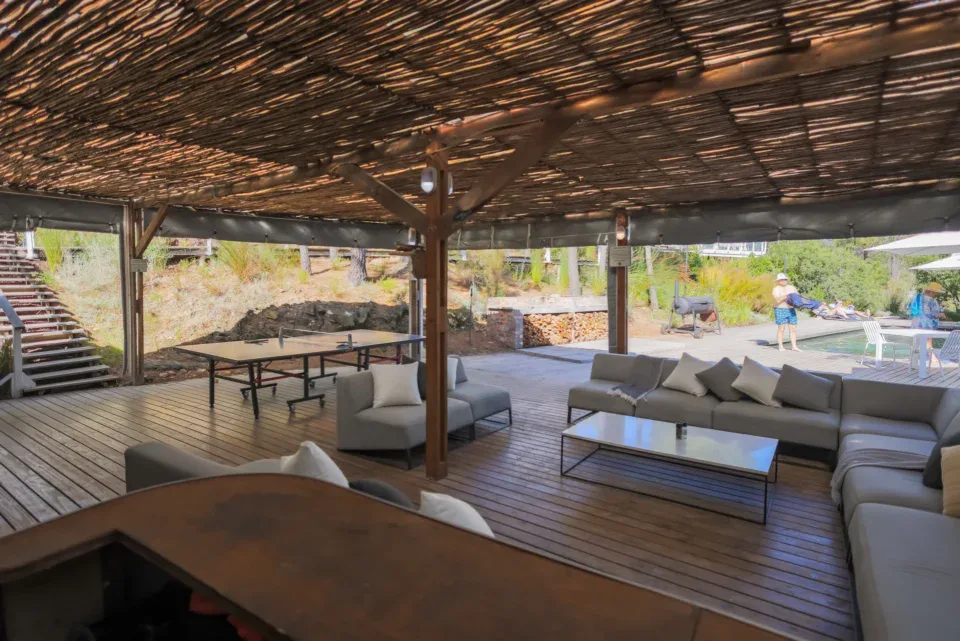 Break-out seating on the thatched lapa deck, Old Mac Daddy, Elgin Valley