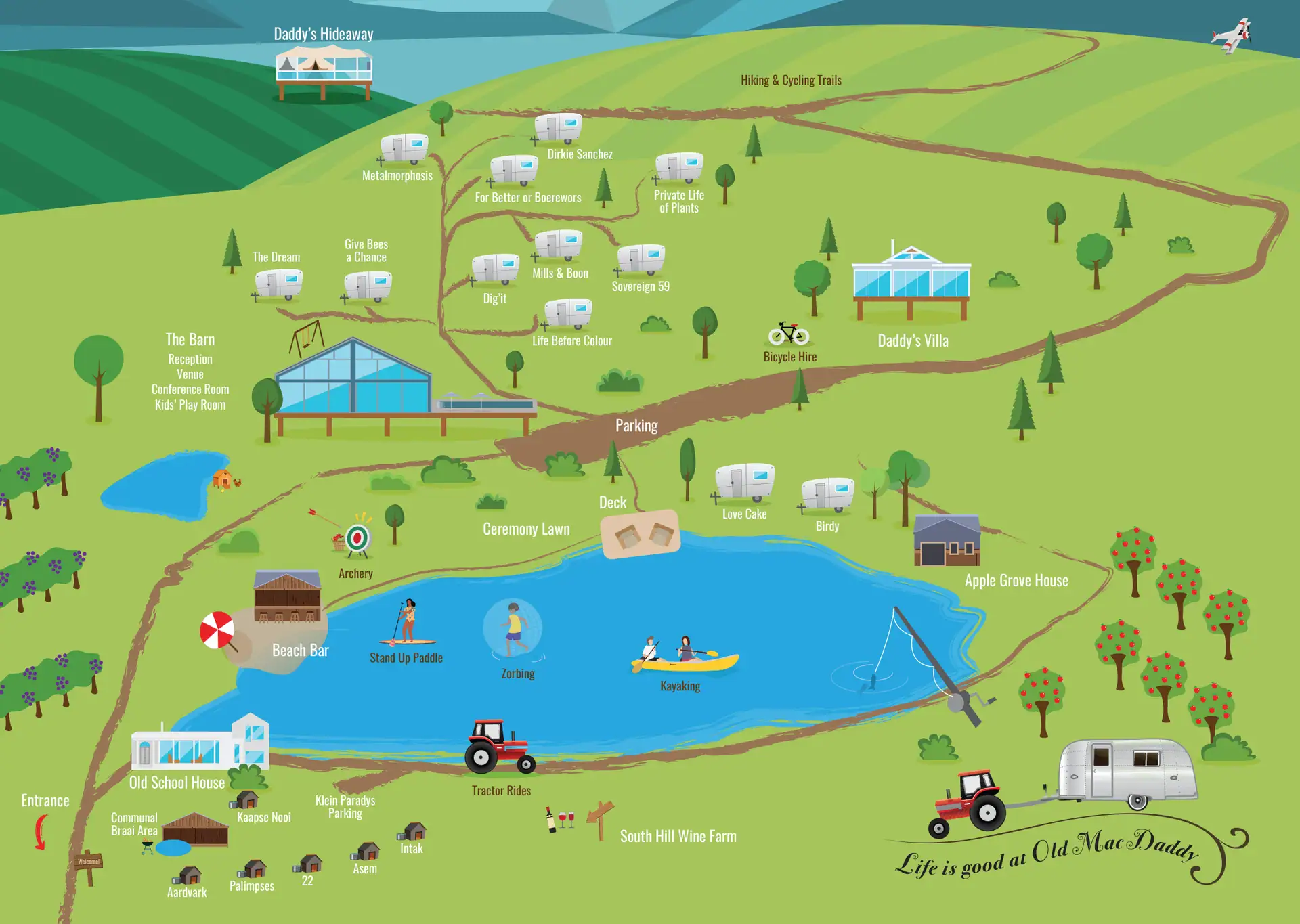 Illustrated map of the Old Mac Daddy estate: the Airstreams, Klein Paradys Tiny Homes, the villas, the Barn, the ceremony lawn, the lake and the trails