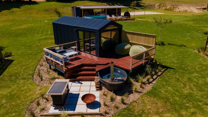 Klein Paradys: aerial view of a unit with a deck, bean bags, a wood-fired hot tub and a fire pit, Old Mac Daddy, Elgin Valley
