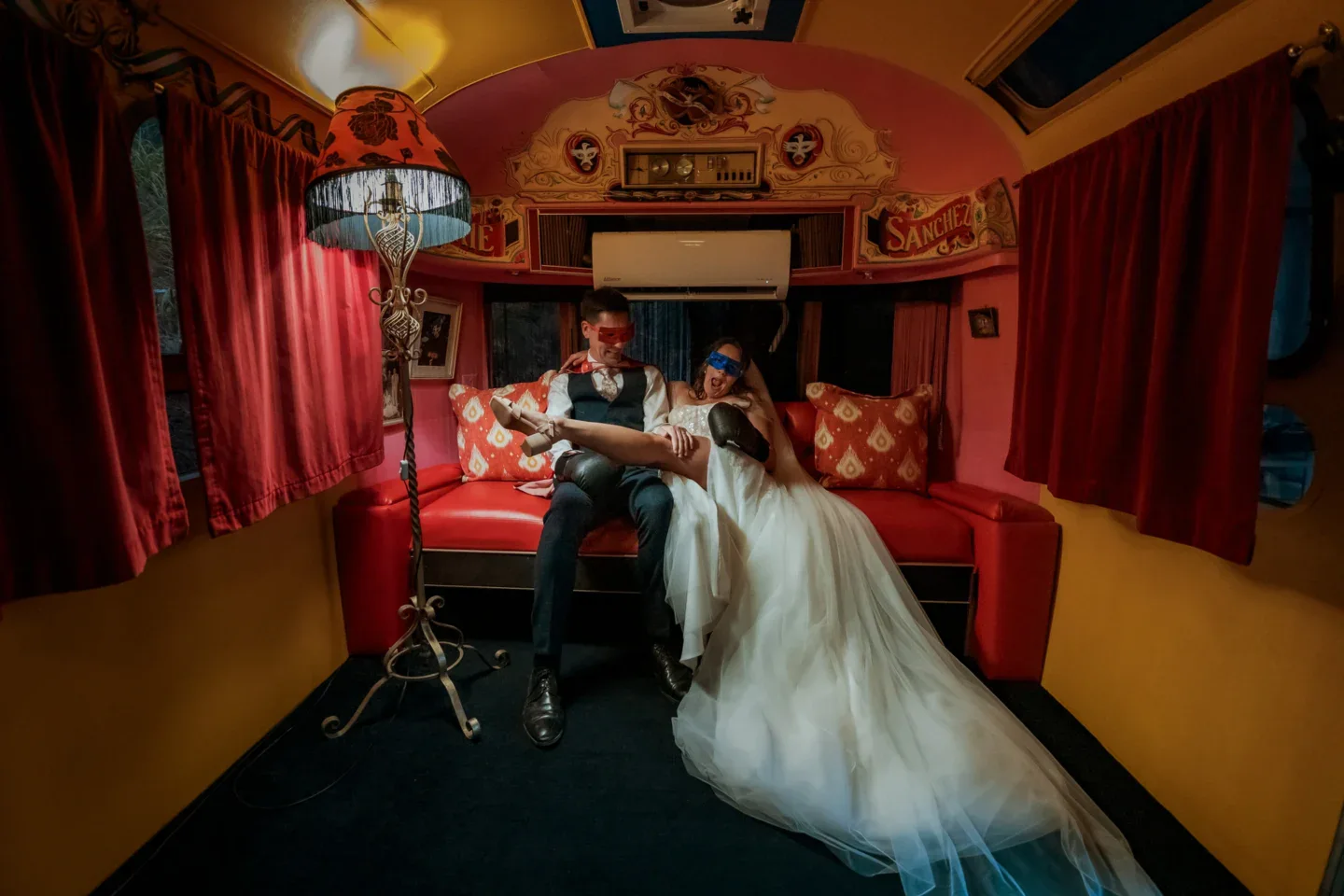 Bride inside a vintage Airstream, Old Mac Daddy, Elgin Valley
