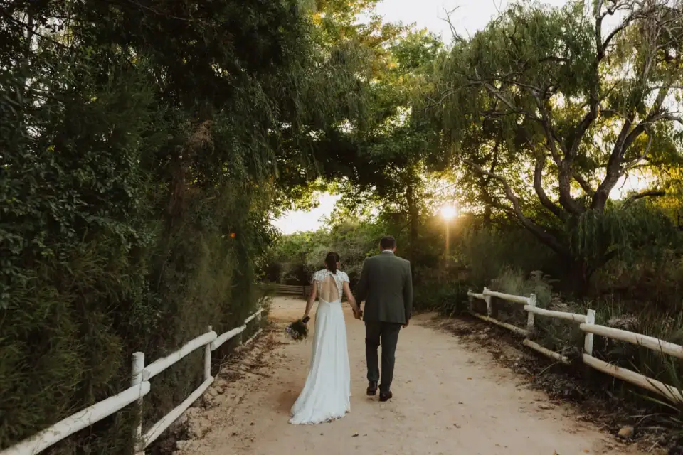 Weddings & Events (new) Bride and groom walking hand in hand down a tree-lined lane with a white fence, low sun ahead, Old Mac Daddy, Elgin Valley
