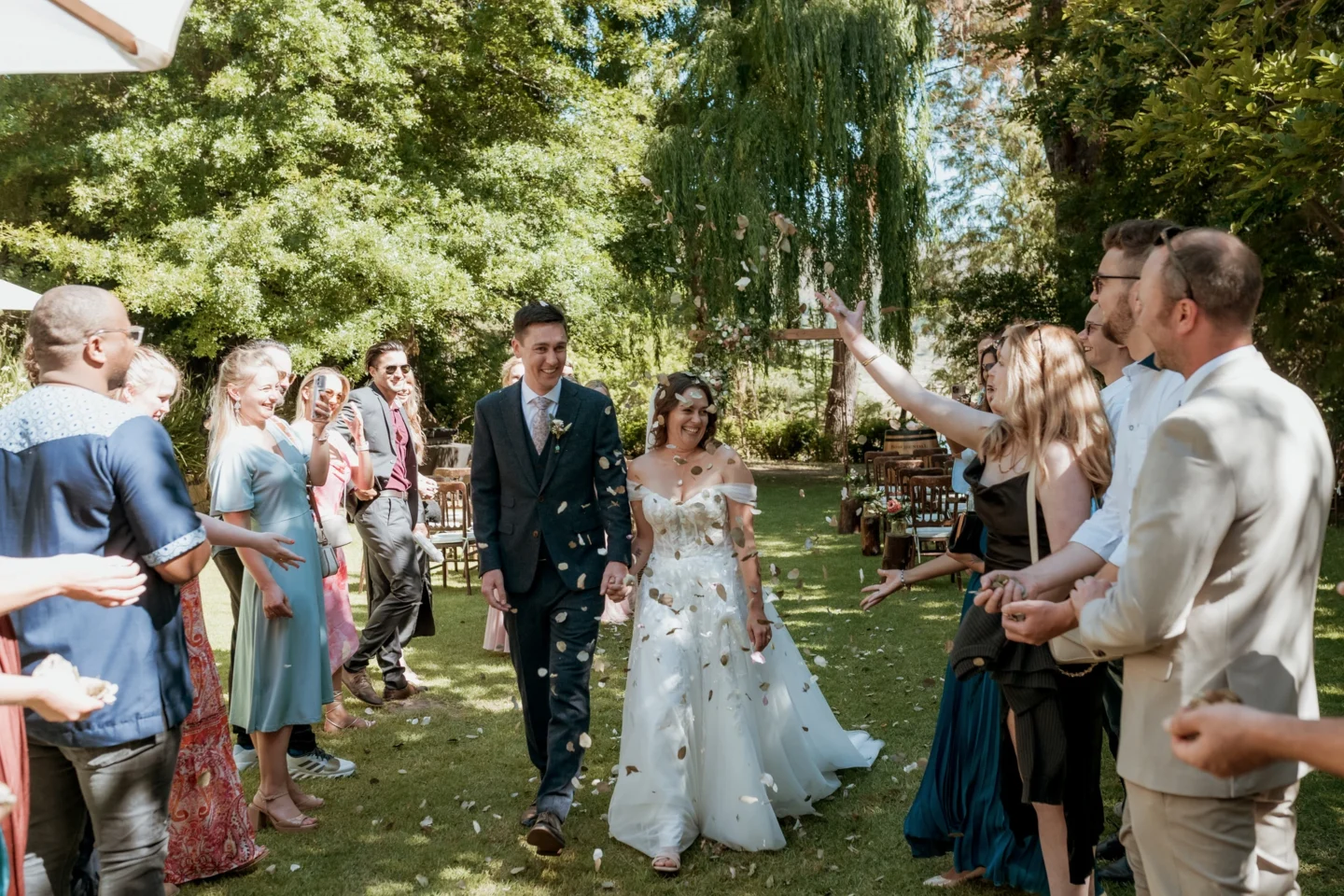 Recessional through confetti, guests both sides, Old Mac Daddy, Elgin Valley