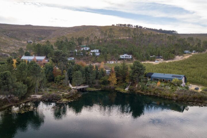 Aerial view across the lake to the accommodation among the pines, Old Mac Daddy, Elgin Valley