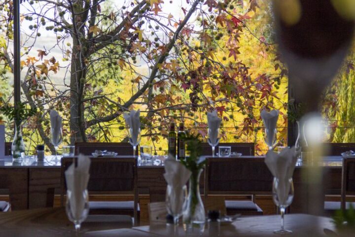 Wine glasses and folded napkins on a set table, with autumn trees outside the window, Old Mac Daddy, Elgin Valley